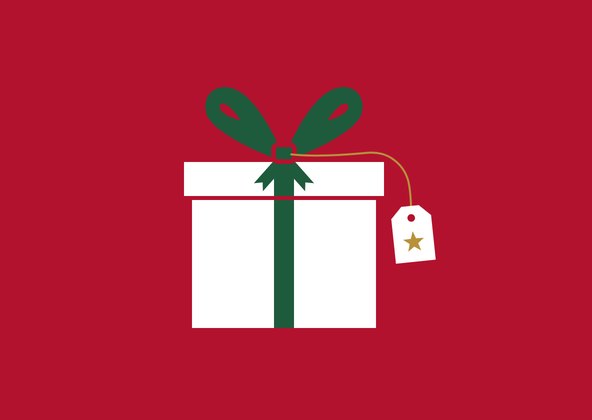 Motiv 11: Weißes Geschenk mit grüner Schleife und Anhänger auf rotem Grund